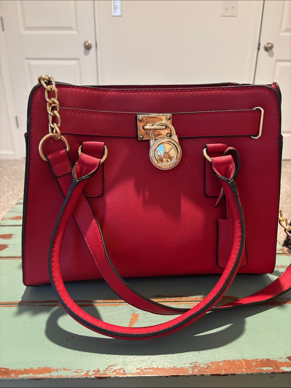 NWOT Michael Kors Red Saffiano Leather Satchel with Gold Hardware - Picture 2 of 12
